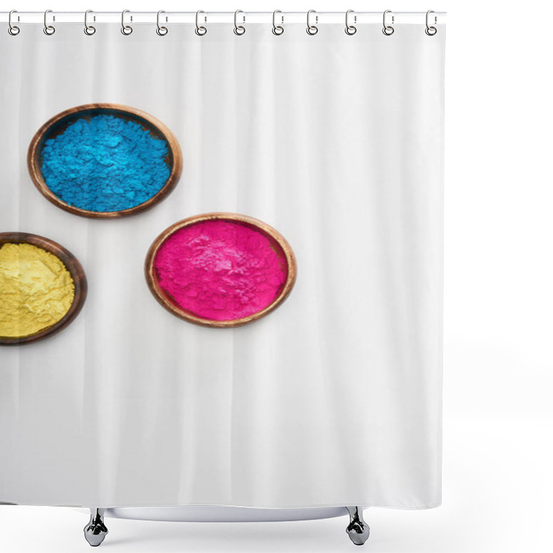 Personality  Top View Of Wooden Bowls With Pink, Blue And Yellow Holi Powder On White Background Shower Curtains