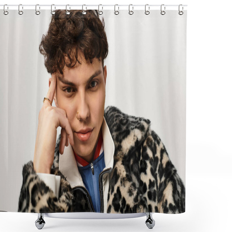 Personality  Handsome Man Poses Thoughtfully, Showcasing Confidence And Unique Style In A Modern Space. Shower Curtains