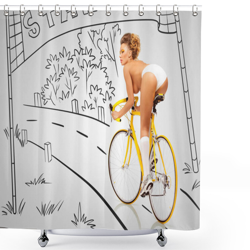 Personality  Back View Of A Sexy Pin-up Female Cyclist In White Erotic Panties Riding A Yellow Racing Bicycle On Sketchy Background Of A Race Starting Point. Shower Curtains