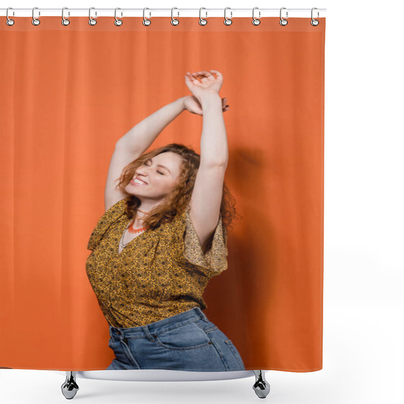 Personality  Positive Young Redhead Woman In Blouse With Abstract Pattern And Jeans Dancing With Closed Eyes On Orange Background, Stylish Casual Outfit And Summer Vibes Concept, Youth Culture Shower Curtains