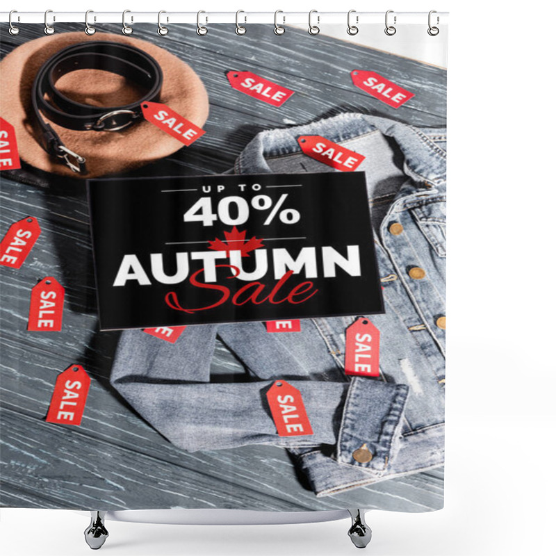 Personality  Blue Denim Jacket Near Beret, Belt And Placard With Up To 40 Percent Off, Autumn Sale Lettering On Wooden Surface Shower Curtains