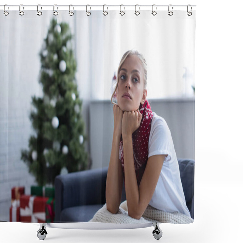 Personality  Sick And Sad Woman Looking Away While Sitting On Sofa Near Blurred Christmas Tree Shower Curtains