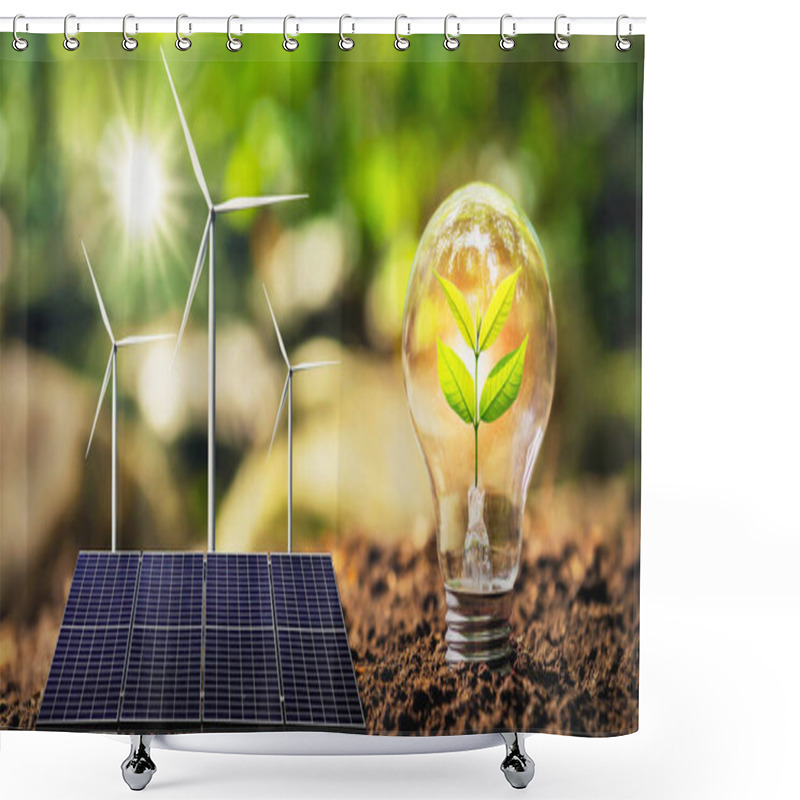 Personality  Concept Clean Energy And Saving Power In Nature. Solar Panel With Wind Turbine. Small Tree And Lightbulb Shower Curtains