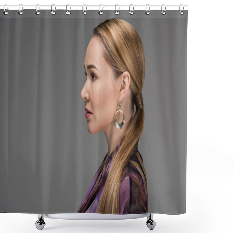 Personality  Profile Portrait Of Beautiful Kazakh Woman Looking Away Isolated On Grey Shower Curtains