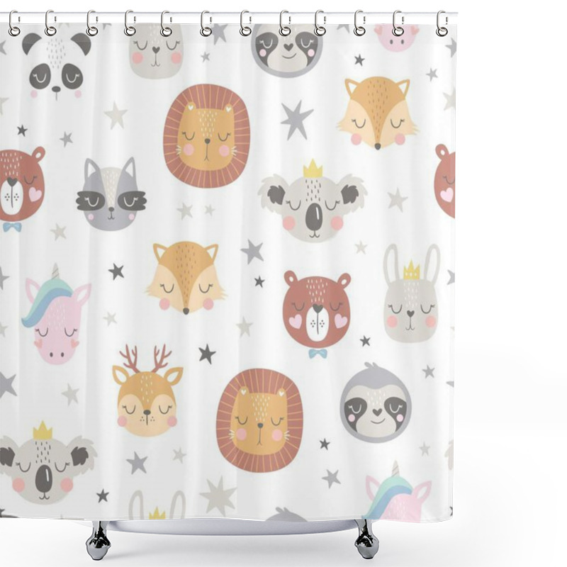 Personality  Seamless Childish Pattern With Funny Animals Faces . Creative Scandinavian Kids Texture For Fabric, Wrapping, Textile, Wallpaper, Apparel. Vector Illustration Shower Curtains