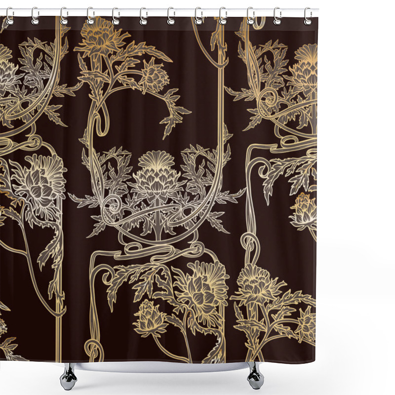 Personality   Seamless Pattern With Thistle Flower, Background In  Art Nouveau Style, Vintage, Old, Retro Style. Shower Curtains