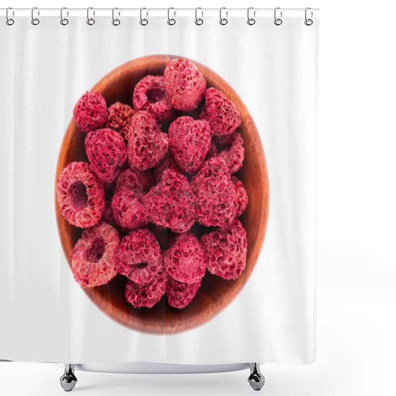 Personality  Dried Raspberry Isolated On White Background. Dehydrated Raspberry In Wooden Bowl. Top View Shower Curtains