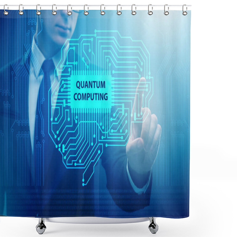 Personality  Businessman Pressing Virtual Button In Quantum Computing Concept Shower Curtains