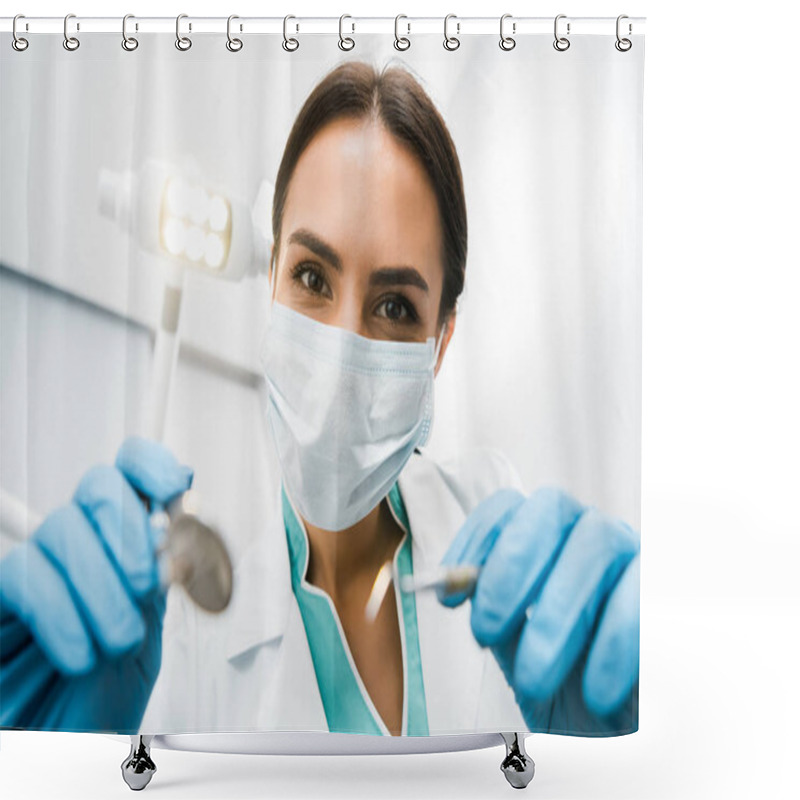 Personality  Selective Focus Of  Female Dentist In Mask Holding Instuments In Hands Shower Curtains