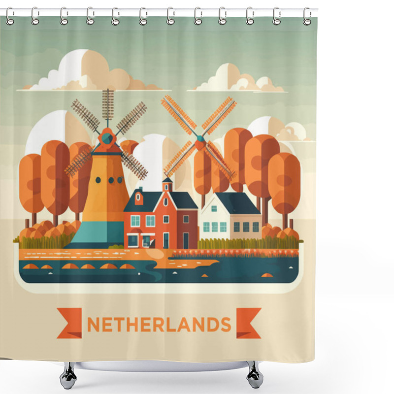 Personality  Illustration Of Amsterdam Netherlands Travel Destination House City Landmark Icon Vector Flat Color Design Shower Curtains