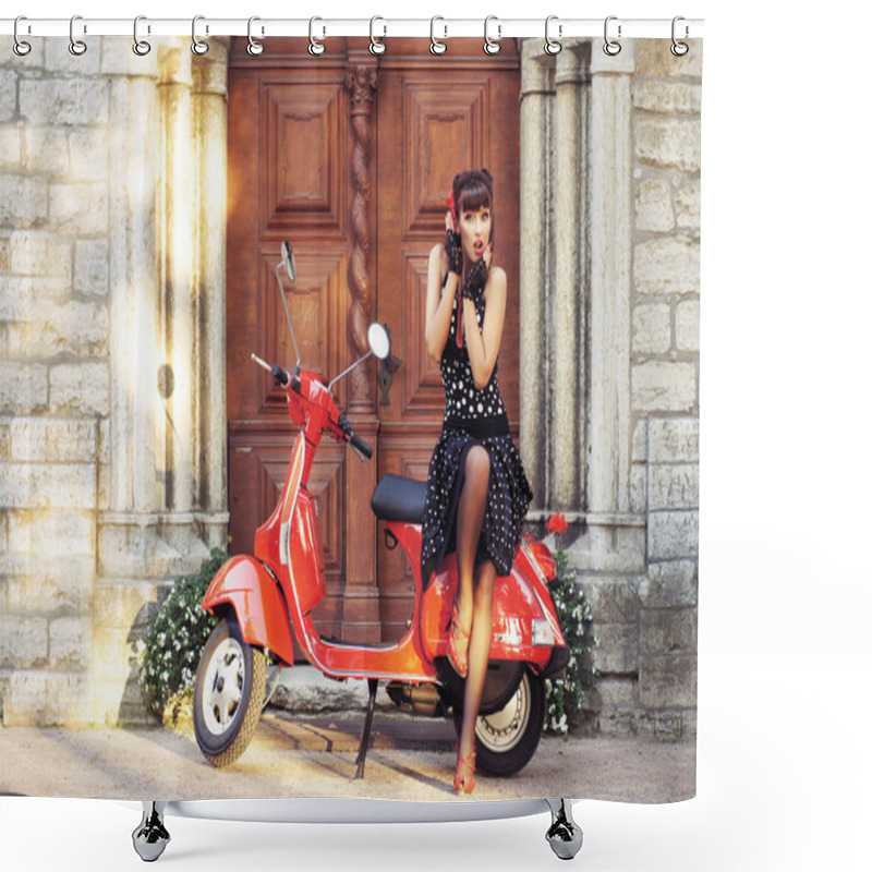 Personality  Young And Sexy Woman With Her Motor Scooter Shower Curtains