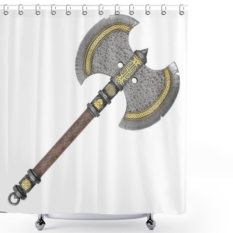 Personality  Fantasy Iron Ax On An Isolated White Background. 3d Illustration Shower Curtains