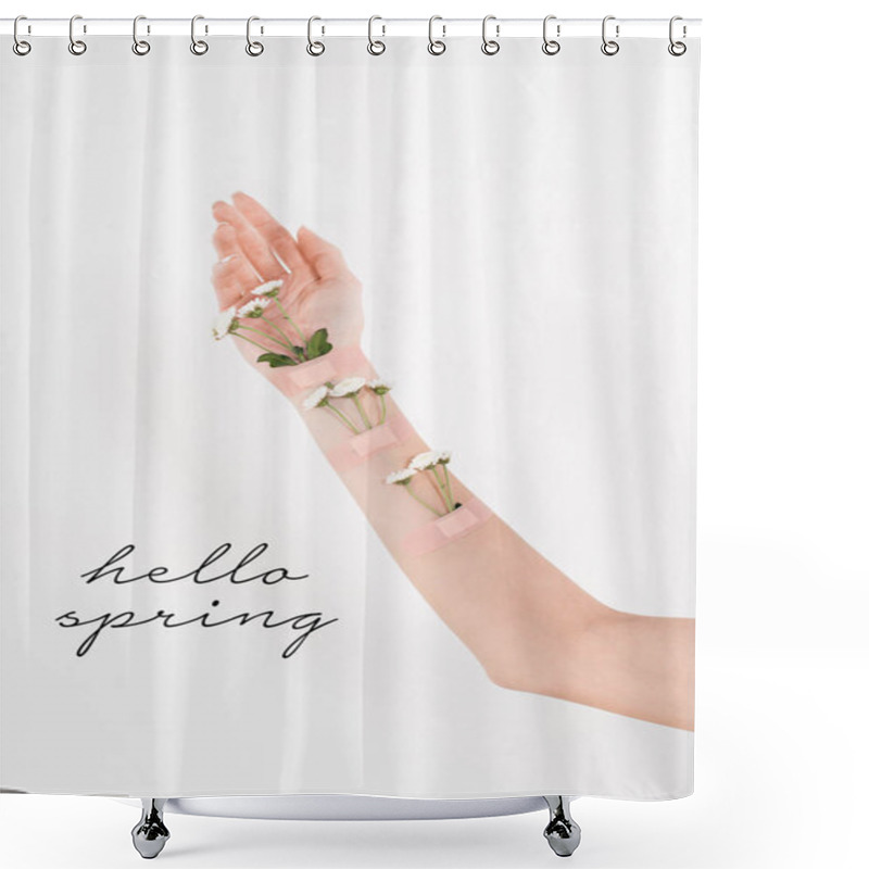 Personality  Cropped View Of Woman With Wildflowers On Hand On White Background With Hello Spring Illustration  Shower Curtains