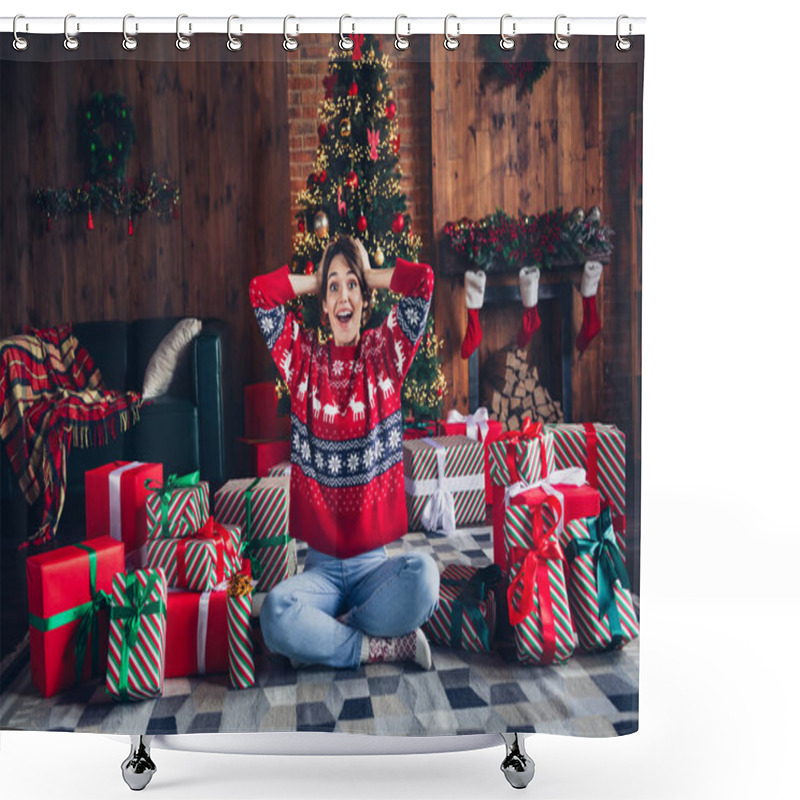 Personality  Photo Of Lovely Young Lady Sit Floor Crossed Legs Hands Head Dressed Stylish Red Sweater Christmas Tree Decorated Interior Living Room. Shower Curtains