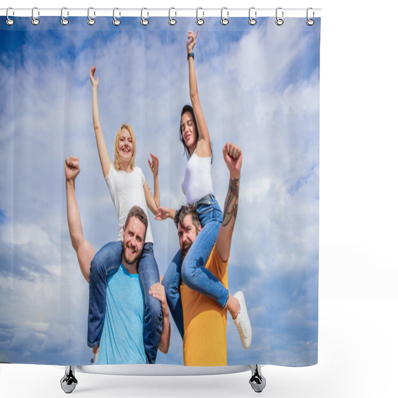 Personality  Done It In One. Loving Couples Having Fun Activities Outdoor. Loving Couples Enjoy Fun Together. Happy Men Piggybacking Their Girlfriends. Playful Couples In Love Smiling On Cloudy Sky Shower Curtains