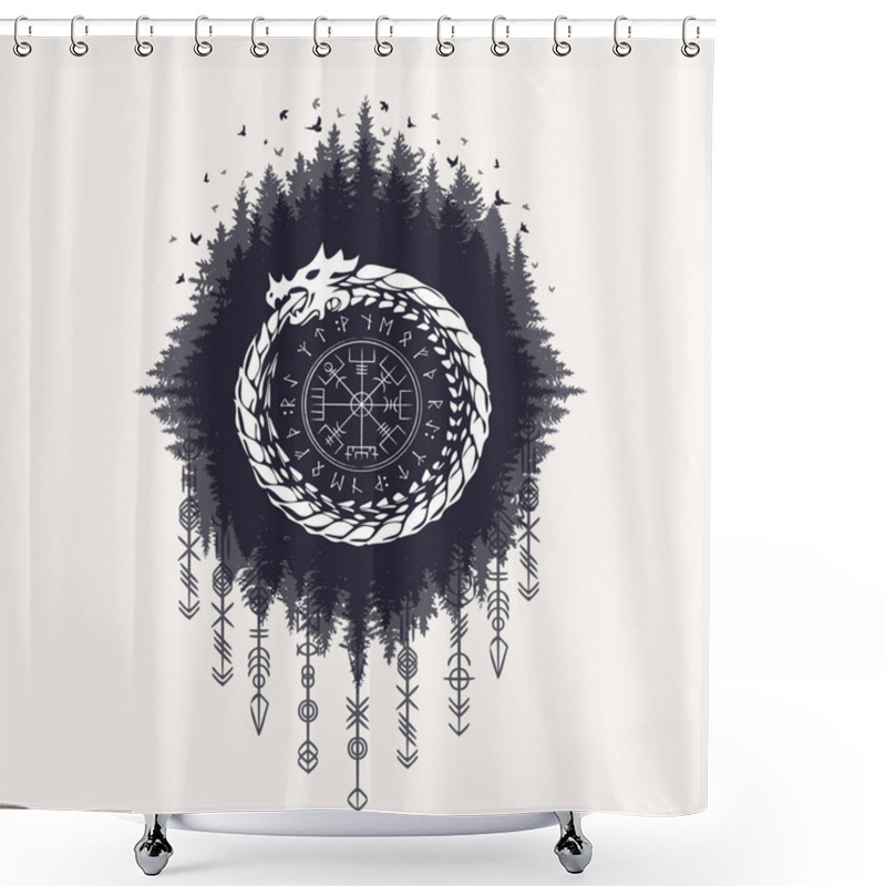 Personality  Old Runic Letters With Grunge Frame In Icelandic Style Isolated On White Background. Square Frame With Decorations And Scandinavian Doodle Hand Draw Elements Shower Curtains