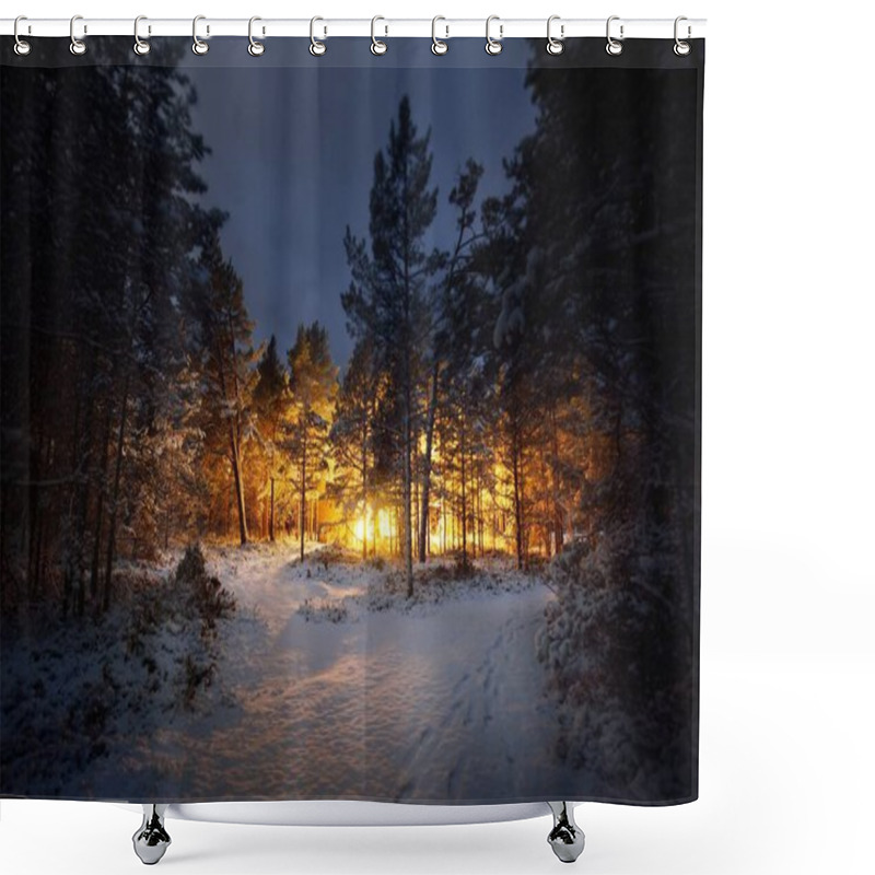 Personality  Illuminated Wooden Cabin (sauna) In A Coniferous Forest At Night. A Pathway Through The Snow-covered Pine Trees After A Blizzard. Winter Wonderland. Finland Lake Region Shower Curtains