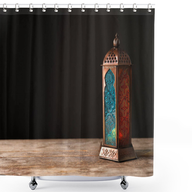 Personality  Muslim Lamp With Candle On Wooden Table. Fanous As Ramadan Symbol Shower Curtains