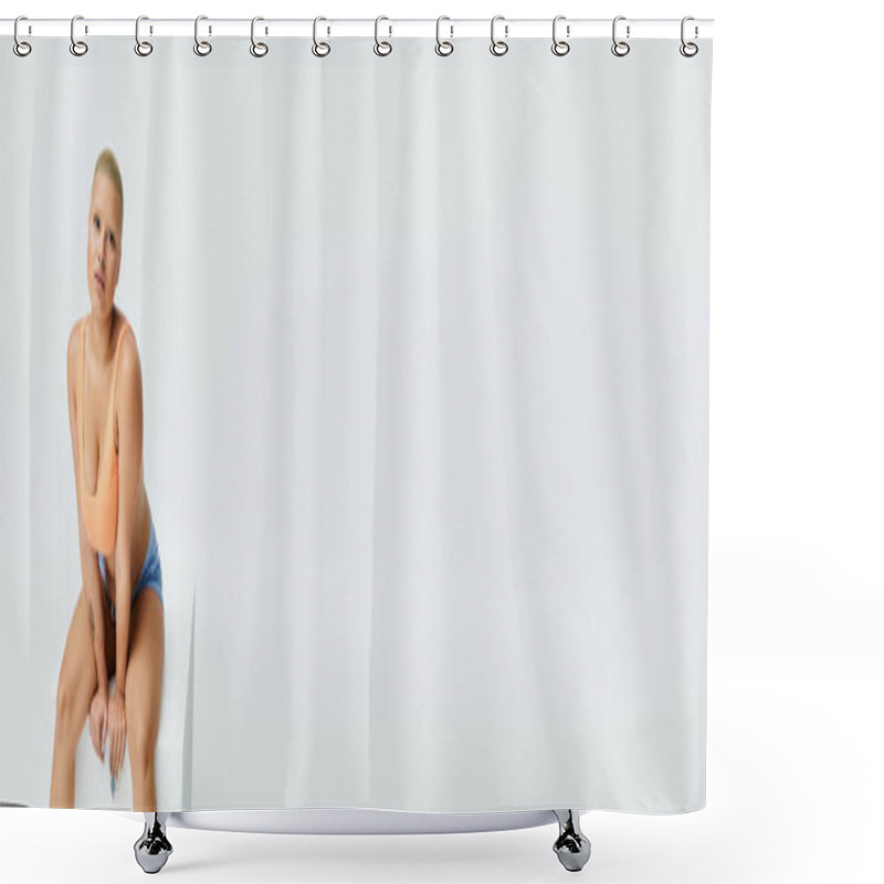 Personality  A Young Bald Woman Showcases Her Vibrant Attire While Posing Thoughtfully In A Bright Space. Shower Curtains