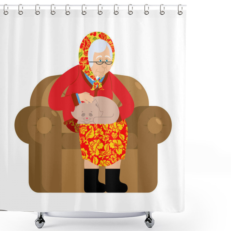 Personality  Russian Grandmother And Cat. Old Woman In An Armchair With Pet.  Shower Curtains