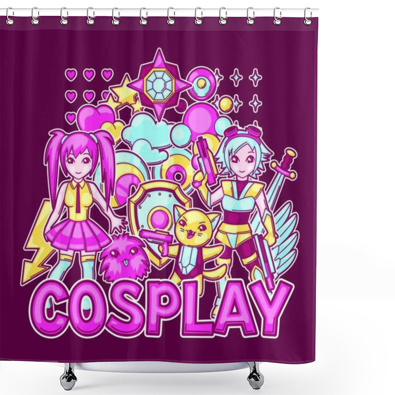 Personality  Japanese Anime Cosplay Print. Cute Kawaii Characters And Items. Japanese Anime Cosplay Print. Cute Kawaii Characters And Items. Shower Curtains