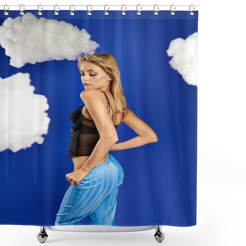 Personality  A Captivating Blonde Woman In A Black Top And Blue Pants Poses Gracefully Among Clouds And A Blue Sky. Shower Curtains