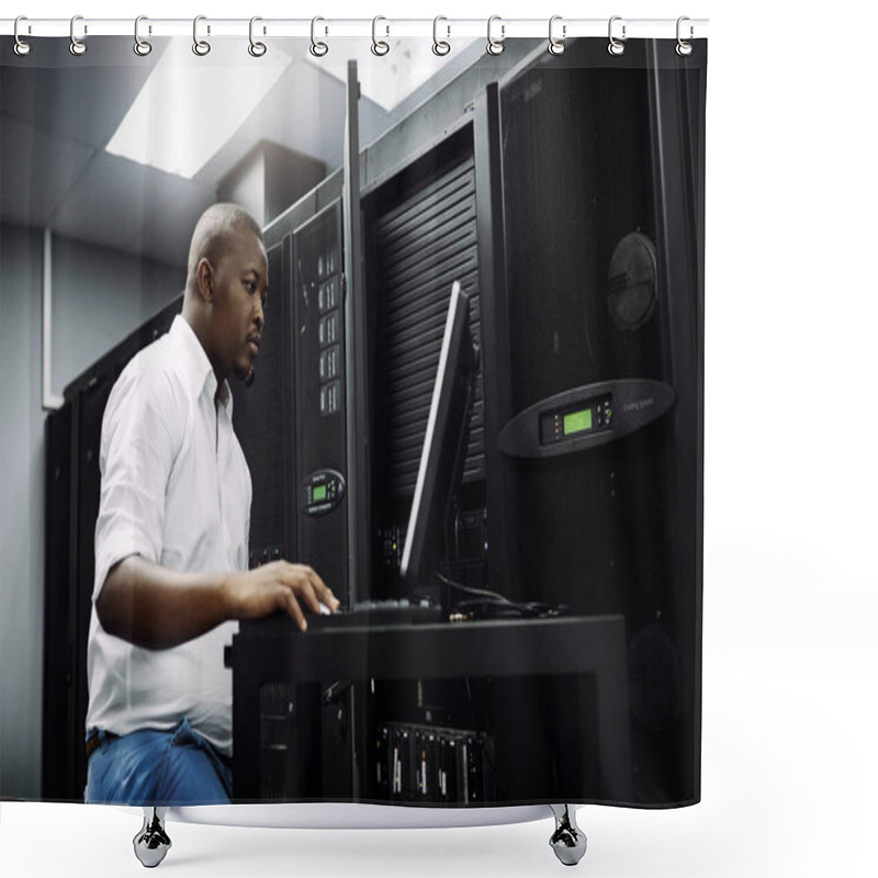 Personality  Engineer, Black Man Or Coding On Laptop In Server Room For Big Data, Network Glitch Or Digital Website. Code, IT Support Or Technician Typing On Computer Testing, Programming Or Software Development. Shower Curtains