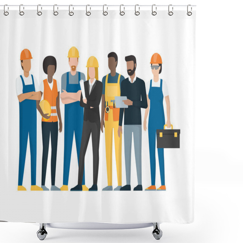 Personality  Construction Workers And Engineers Standing Together, Construction Industry Concept Shower Curtains