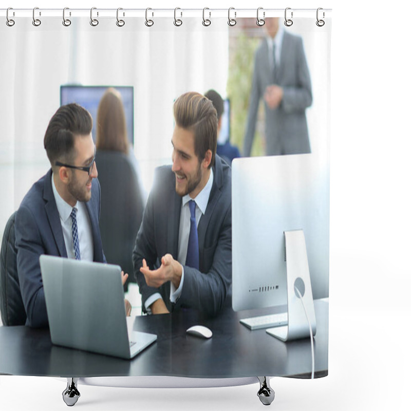 Personality  Cheerful Colleagues Having Fun Sitting At Desk With Laptops Shower Curtains