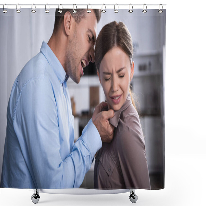 Personality  Aggressive Man In Shirt Screaming At Scared Wife At Home Shower Curtains