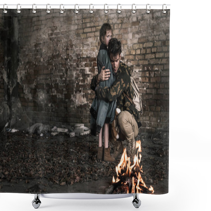 Personality  Handsome Man Hugging Child Near Burning Bonfire, Post Apocalyptic Concept Shower Curtains