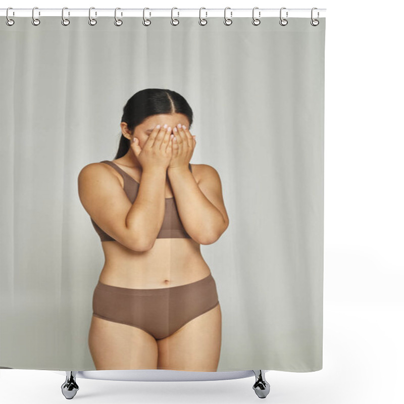 Personality  Brunette Embarrassed Woman In Underwear Covering Face With Hands On Grey Background, Body Shaming Shower Curtains