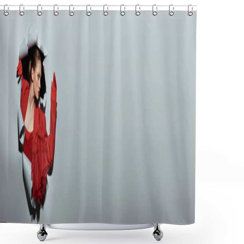 Personality  Stylish Young Woman In Red Blazer And Gloves Breaking Though Hole In Grey Background, Banner Shower Curtains