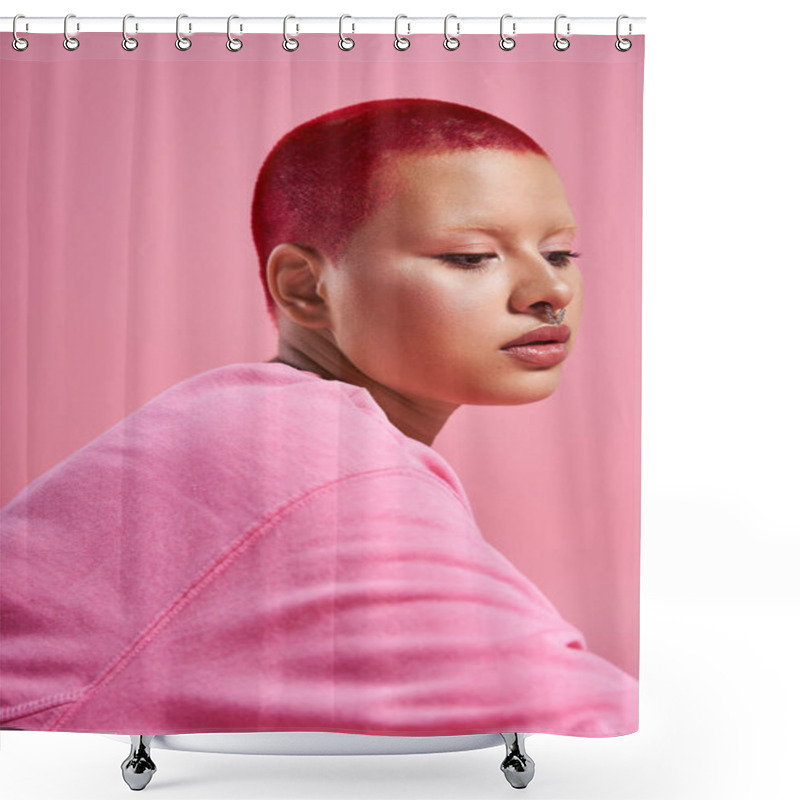 Personality  A Bold, Young Woman With Short Pink Hair Confidently Highlights Her Edgy Style In A Studio Setting. Shower Curtains