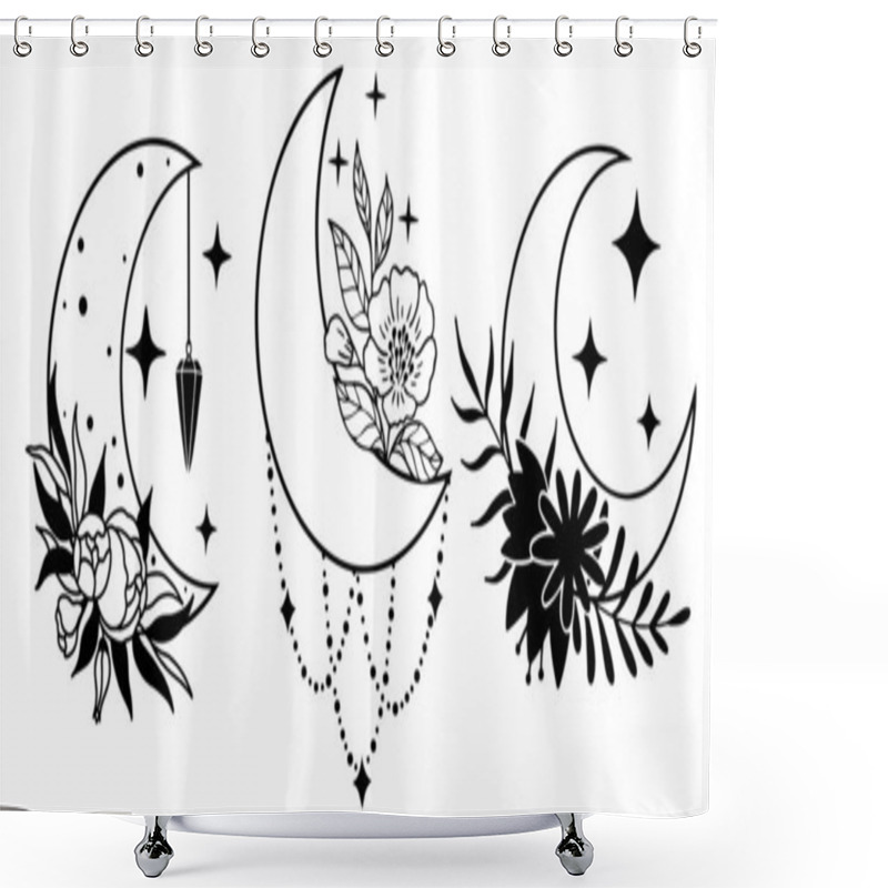 Personality  Set Of Magic Black Moons With Stars And Flowers On White Background. Shower Curtains