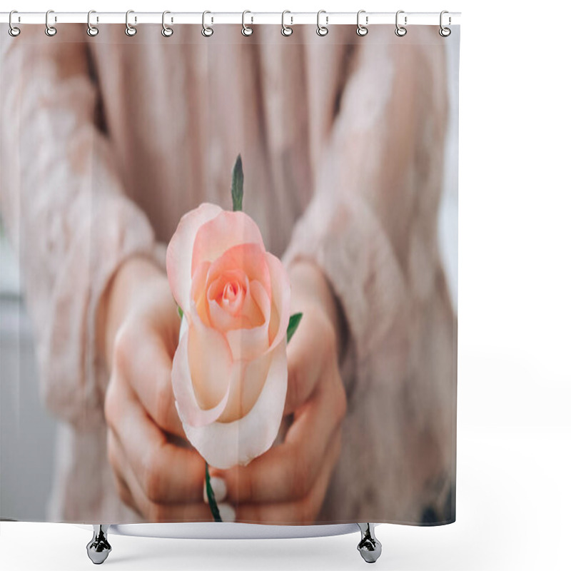 Personality  Female Hand In Pink Blouse Holding Tender Pink Rose. Minimal Trendy Composition. Abstract Art Idea. Romantic Pastel Pink Rose Flower. Modern Aesthetic. Neutral Earth Tones Shower Curtains