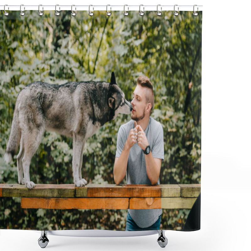 Personality  Man With Husky On Dog Walk Obstacle In Park Shower Curtains