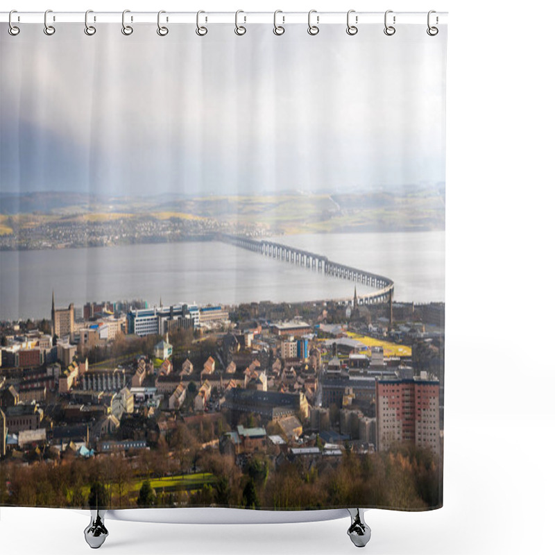 Personality  View Of Dundee City Centre And Railway Bridge Across The Firth Of Tay During Heavy Rainfall On A Winter Day. Scotland, UK. Shower Curtains