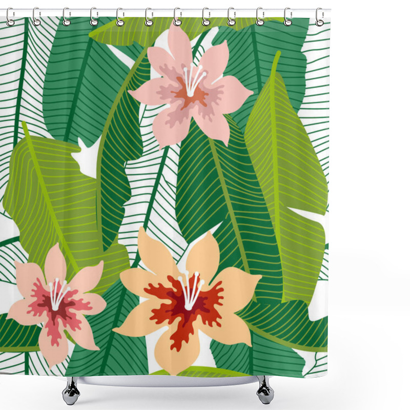 Personality  Green Tropical Background With Banana Leaves And Flowers. Shower Curtains