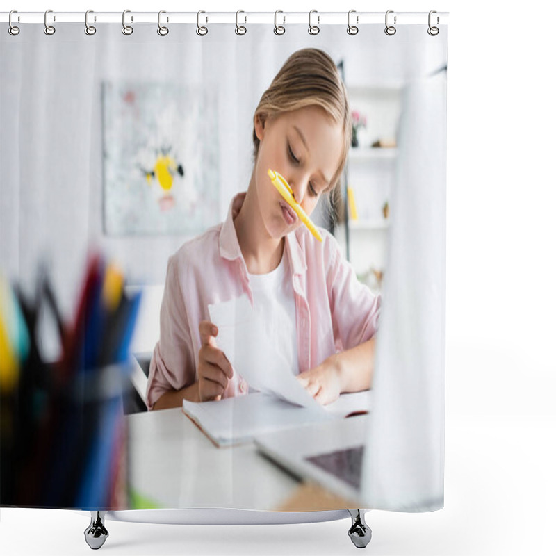 Personality  Selective Focus Of Kid With Pen Near Mouth Looking At Notebook Near Laptop  Shower Curtains