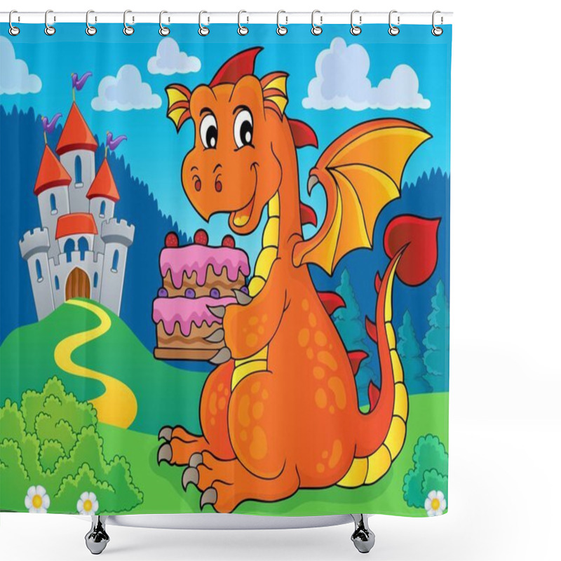 Personality  Dragon Holding Cake Theme Image 3 - Eps10 Vector Illustration. Shower Curtains