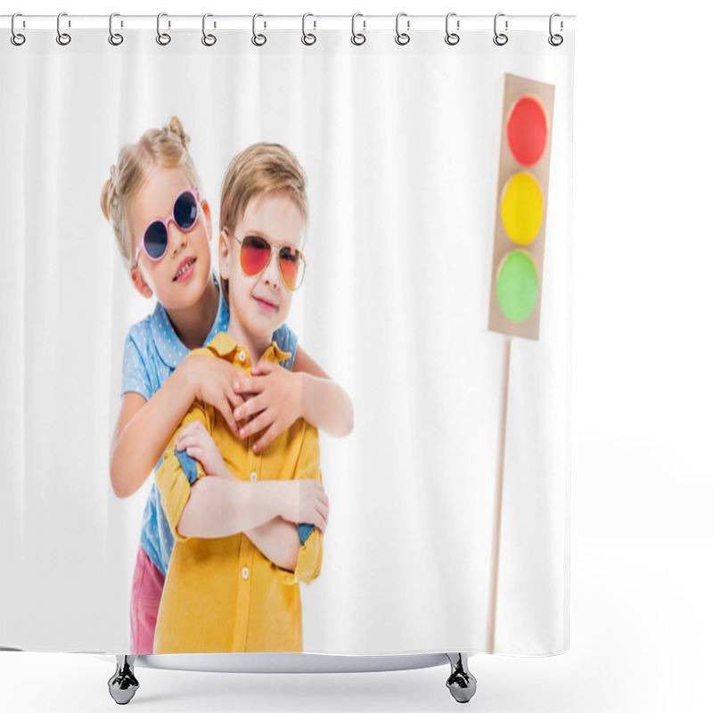 Personality  Stylish Children In Sunglasses With Cardboard Traffic Lights On Background, Isolated On White Shower Curtains