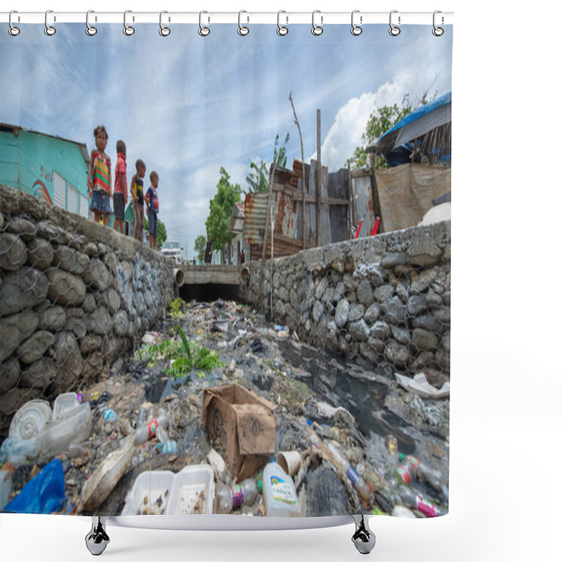 Personality  Santo Domingo / Dominican Republic - May 16 2018: Chidren Playing Near The Aqueduct Full Of Garbage And Waste By The Ozama River In Los Guandules Neighborhood Shower Curtains