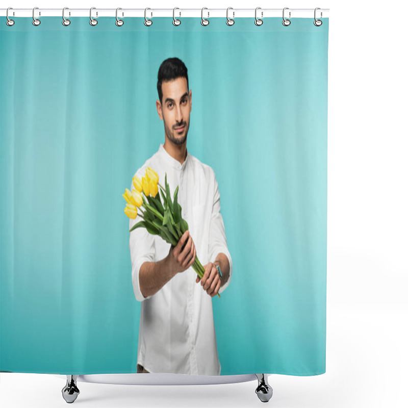 Personality  Muslim Man In White Shirt Holding Flowers Isolated On Blue  Shower Curtains