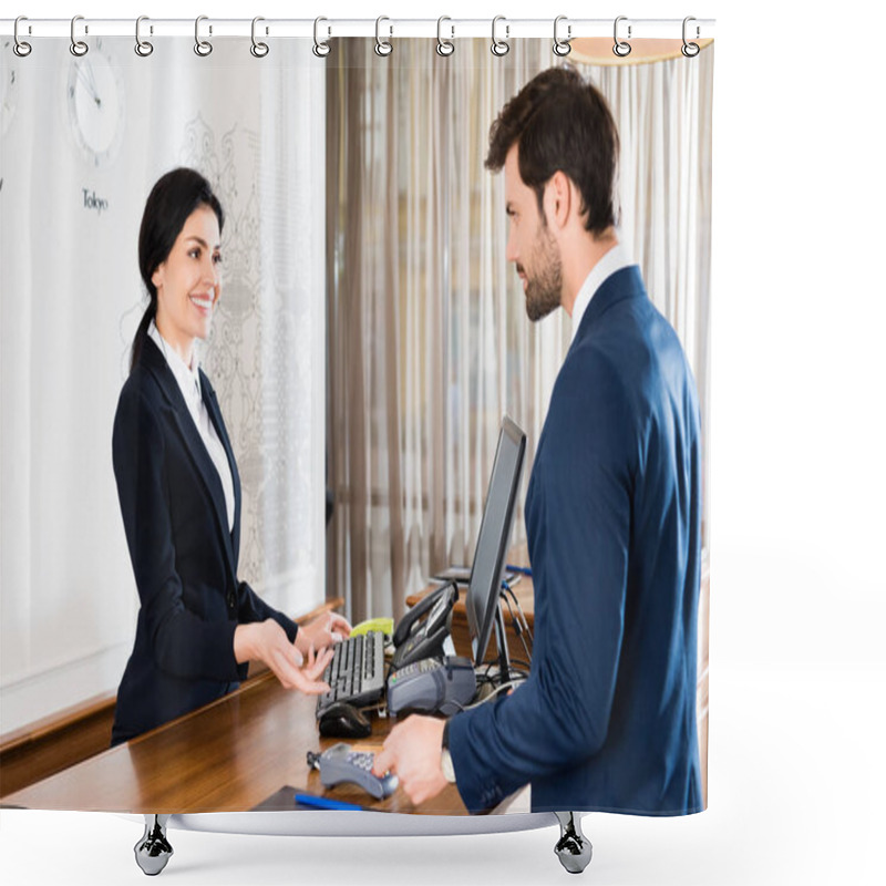 Personality  Selective Focus Of Happy Receptionist Gesturing Near Handsome Man With Credit Card  Shower Curtains