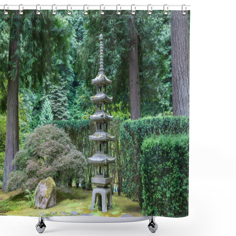 Personality  Inside A Peaceful Japanese Garden, A Japanese Pagoda Rock Statue In Portland Shower Curtains