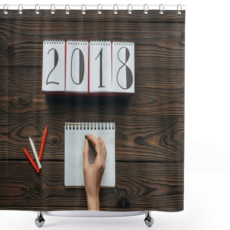 Personality  Partial View Of Woman With Pencil In Hand Writing In Notebook On Wooden Tabletop Shower Curtains