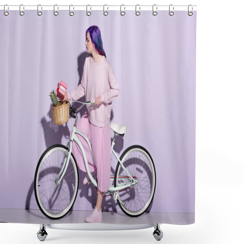 Personality  Beautiful Young Woman In Pink Clothing On Bicycle With Pineapple And Gift Box In Basket Shower Curtains