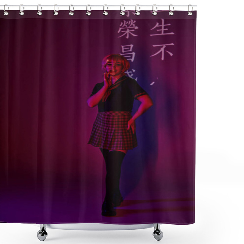 Personality  Smiling Woman In School Uniform In Neon Light On Purple Backdrop With Hieroglyphs, Cosplayer Shower Curtains