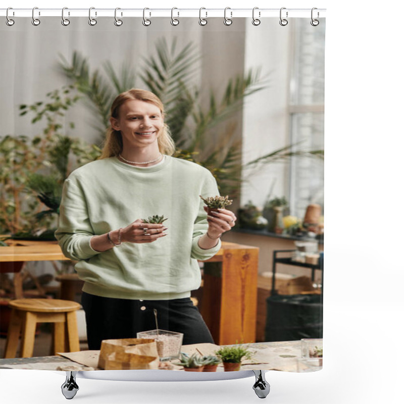 Personality  Delighted Handsome Man In Stylish Attire In Workshop Studio. Shower Curtains